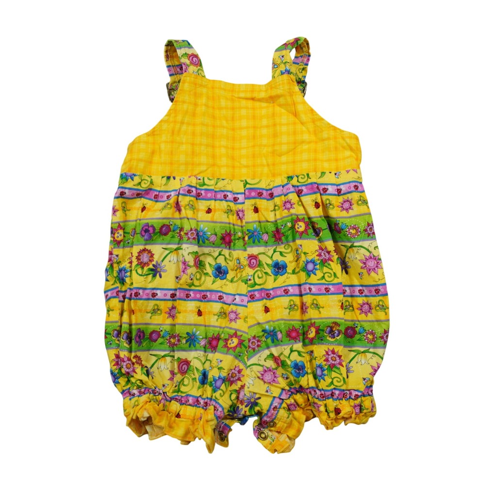 Logan Designs Kids Yellow Floral Ladybug Plaid Cotton Romper Handmade USA 24M - Picture 3 of 7